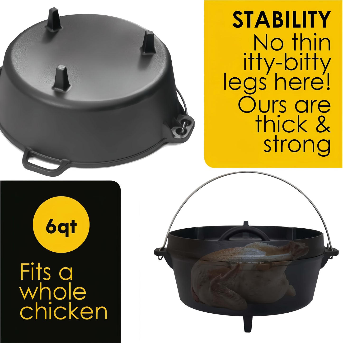 NATIVO 6QT Cast Iron Dutch Oven Pot Pre-Seasoned Outdoor Cookware with Legs and Reversible Grill Lid - The Great Earth Store