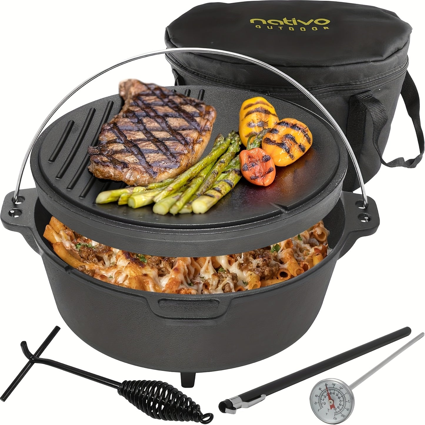 NATIVO 6QT Cast Iron Dutch Oven Pot Pre-Seasoned Outdoor Cookware with Legs and Reversible Grill Lid - The Great Earth Store