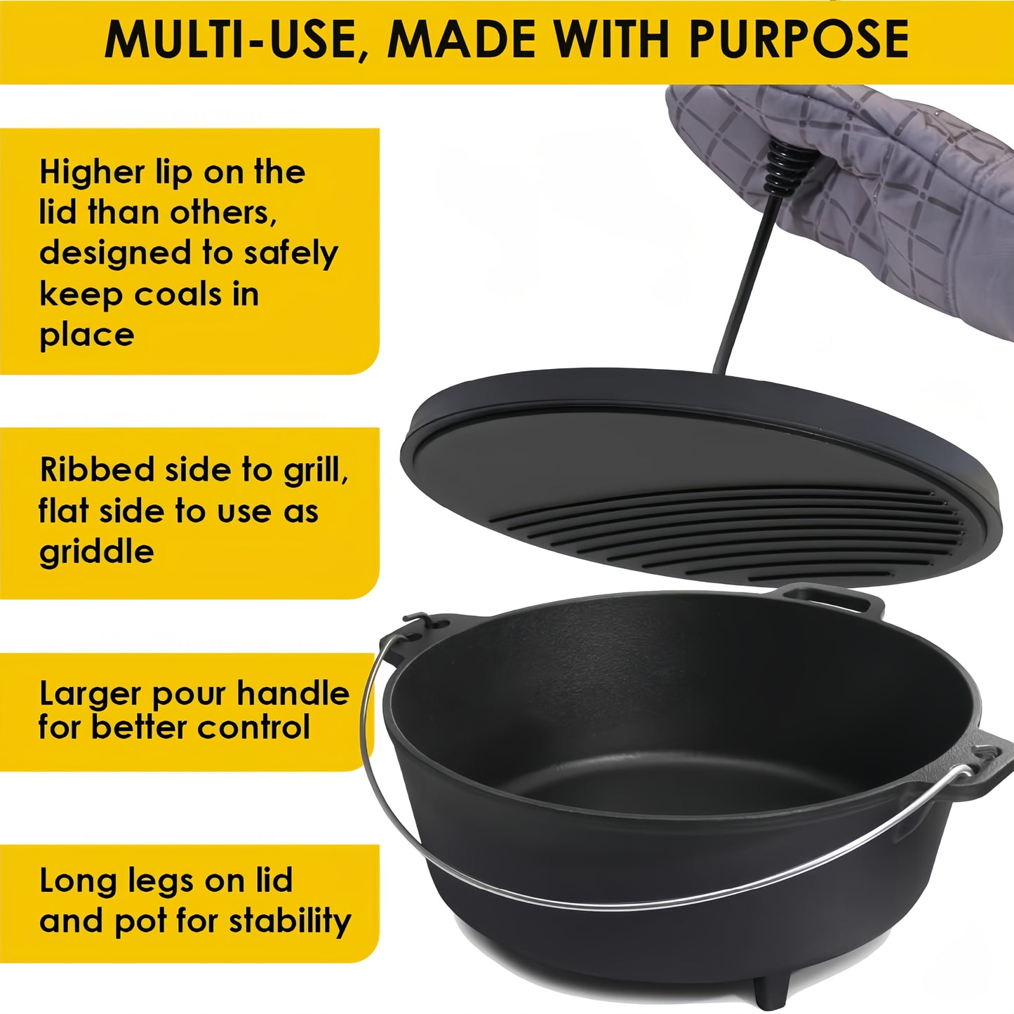 NATIVO 6QT Cast Iron Dutch Oven Pot Pre-Seasoned Outdoor Cookware with Legs and Reversible Grill Lid - The Great Earth Store