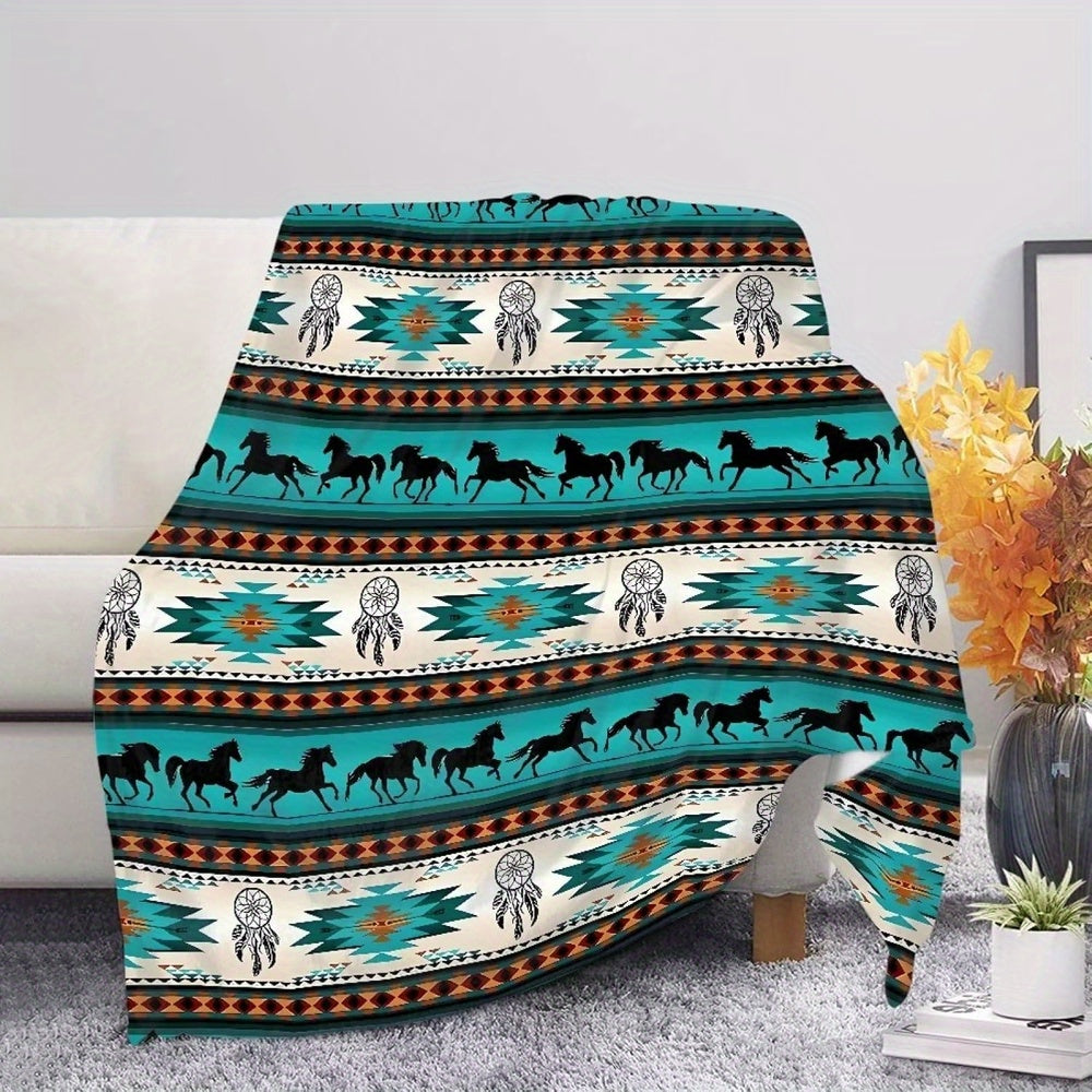 Teal Aztec Horse Blanket Ultra Soft Warm Flannel Throw - The Great Earth Store