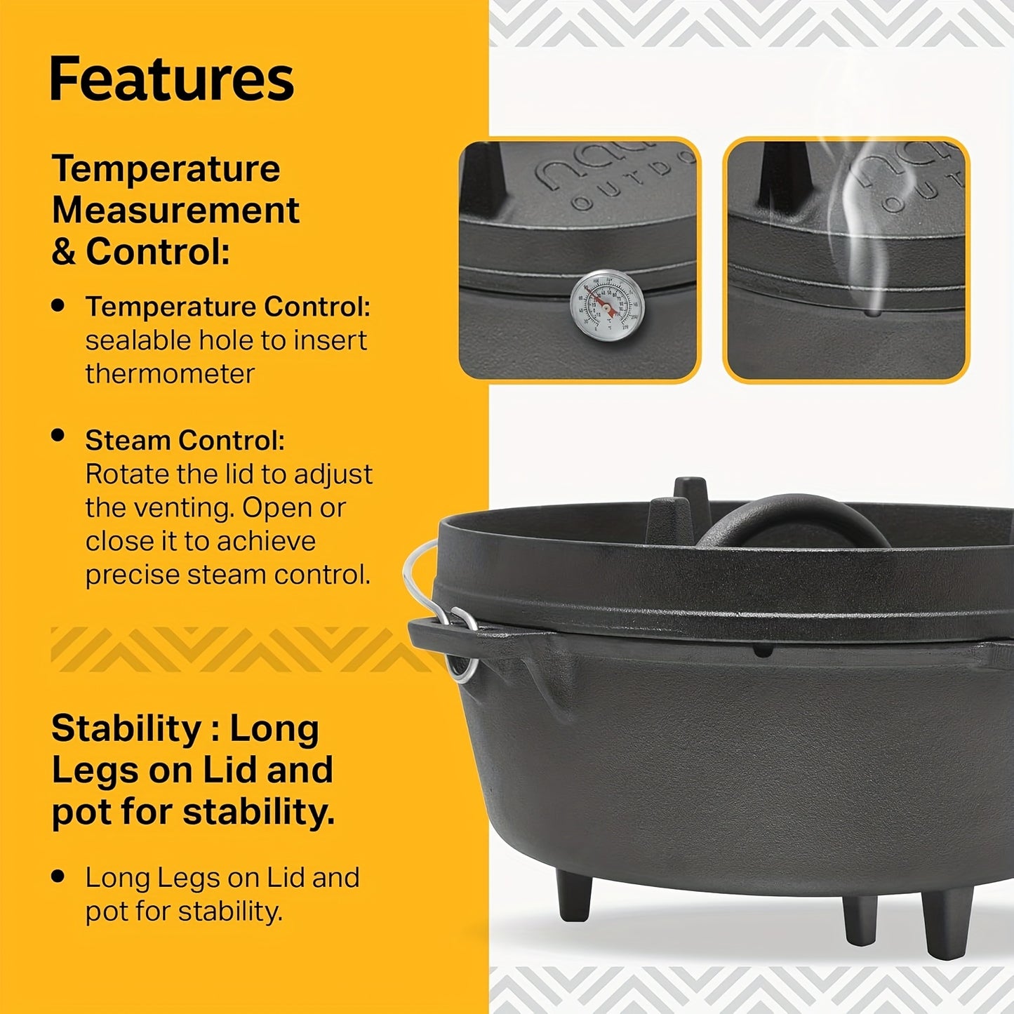 NATIVO 6QT Cast Iron Dutch Oven Pot Pre-Seasoned Outdoor Cookware with Legs and Reversible Grill Lid - The Great Earth Store