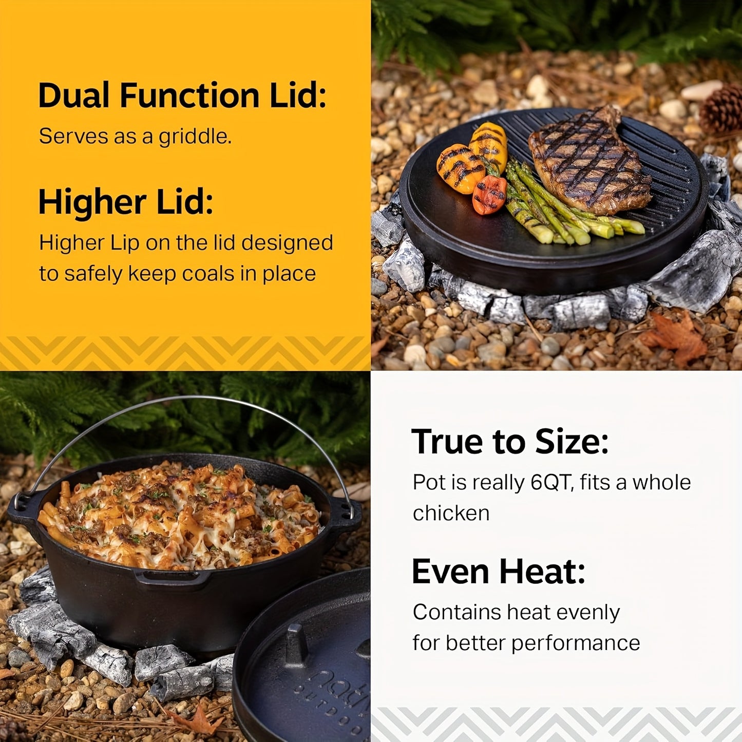 NATIVO 6QT Cast Iron Dutch Oven Pot Pre-Seasoned Outdoor Cookware with Legs and Reversible Grill Lid - The Great Earth Store