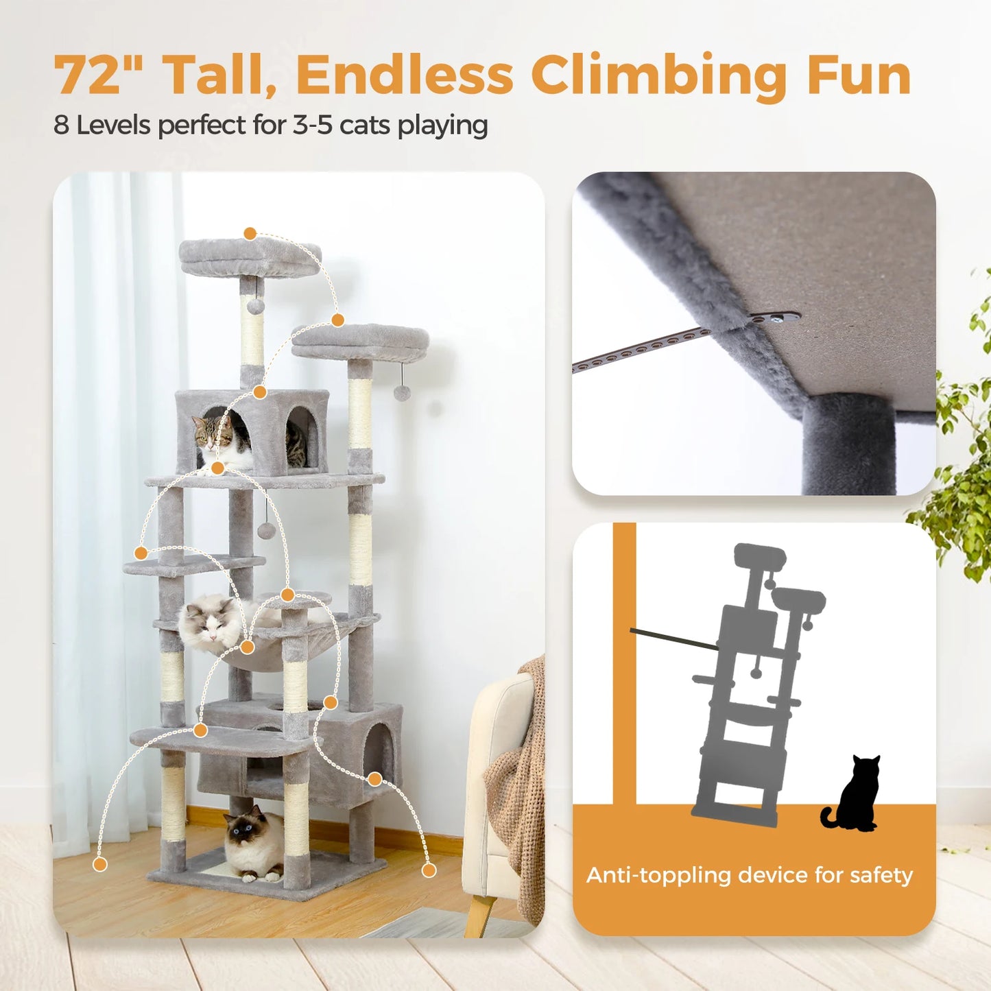 184cm Large Cat Tree and Tower for Indoor Cats with Hammock - The Great Earth Store