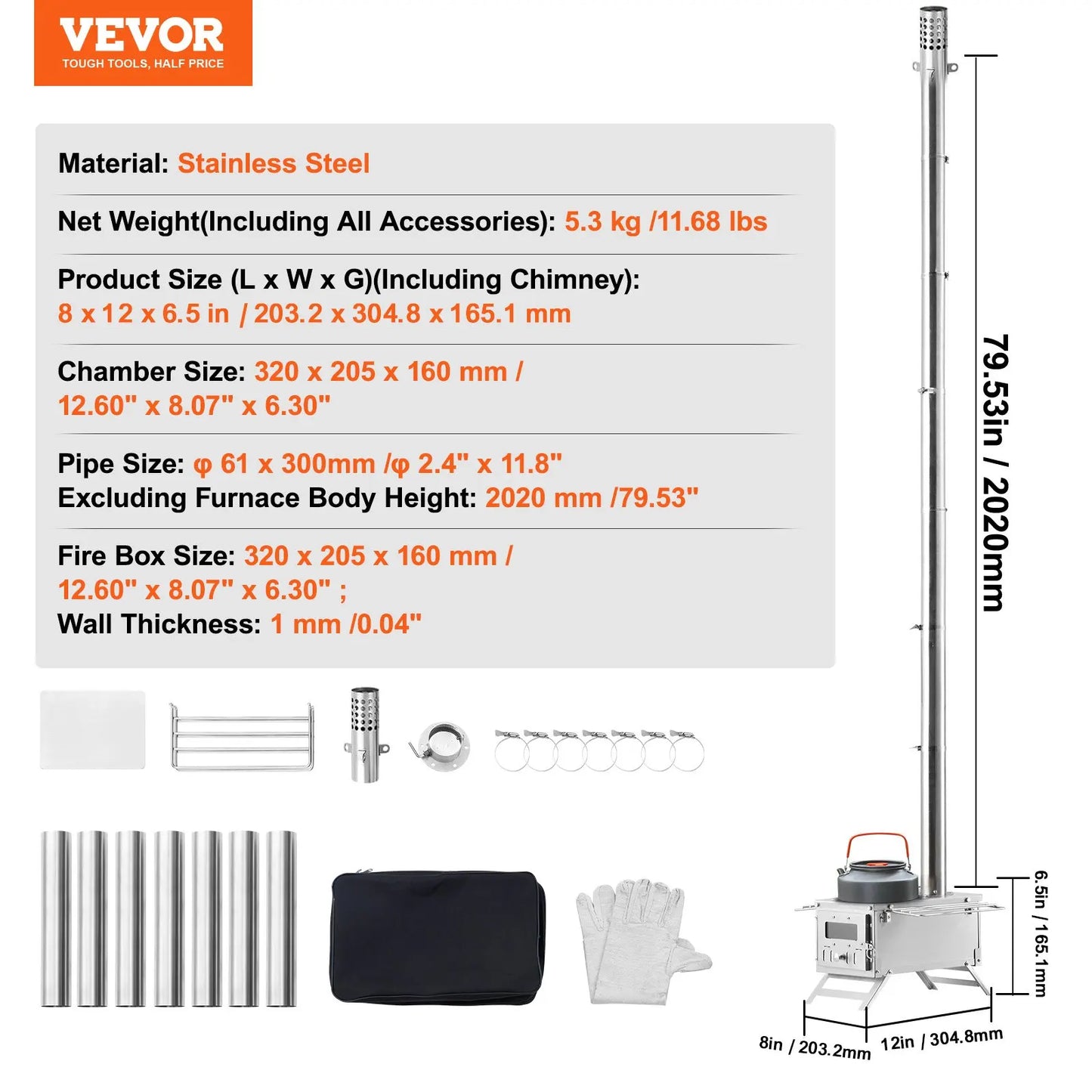 VEVOR Stainless Steel Wood Stove Camping Tent Stove Portable - The Great Earth Store