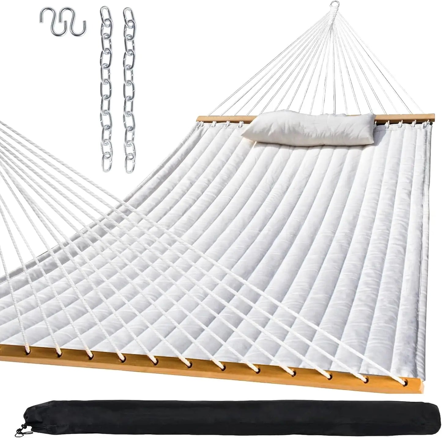 Outdoor Quilted Fabric Hammock with Spreader Bars and Detachable Pillow for Patio Backyard Poolside