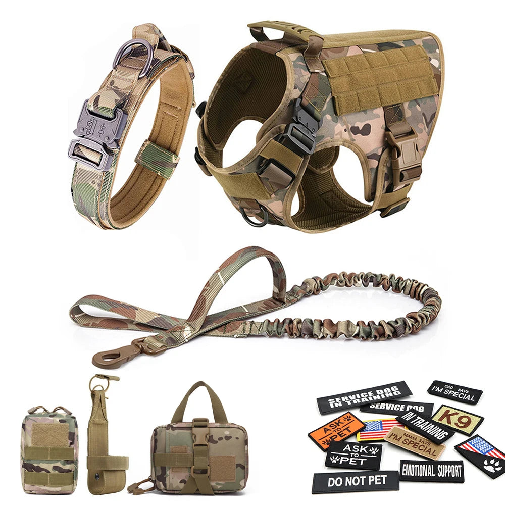 Military Large Dog Harness Collar Leash Bags Patches Set - The Great Earth Store