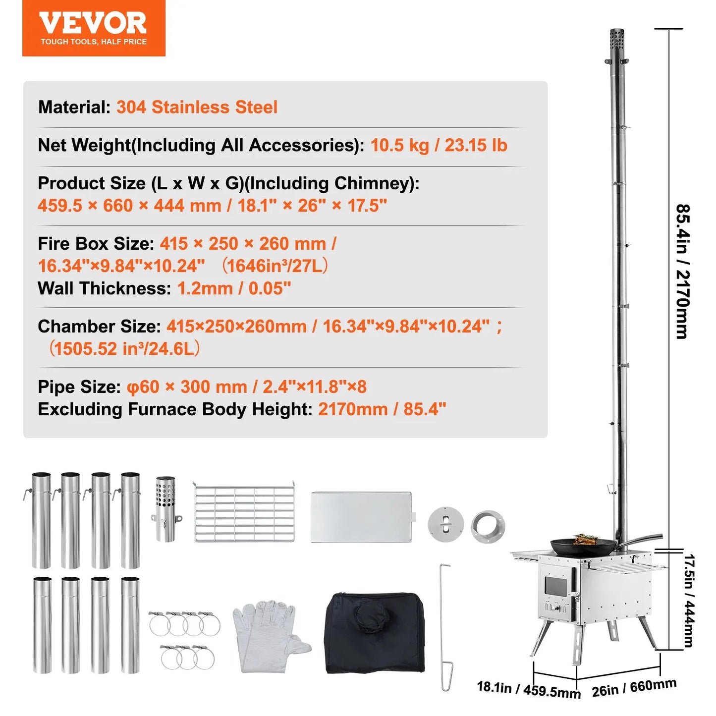 VEVOR Stainless Steel Wood Stove Camping Tent Stove Portable