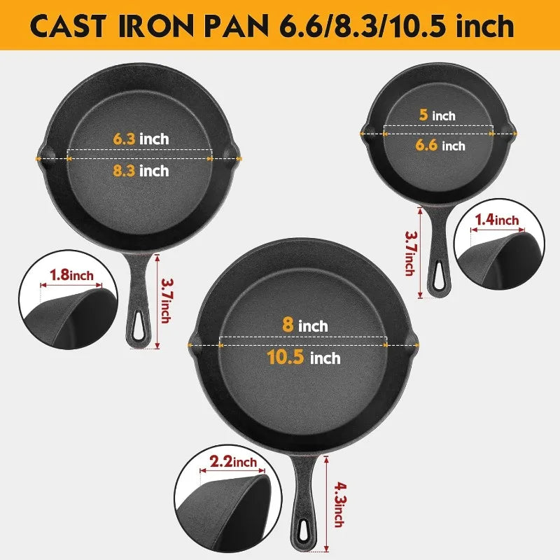 Pre-Seasoned Cast Iron Skillet 3 Piece Frying Pan Set