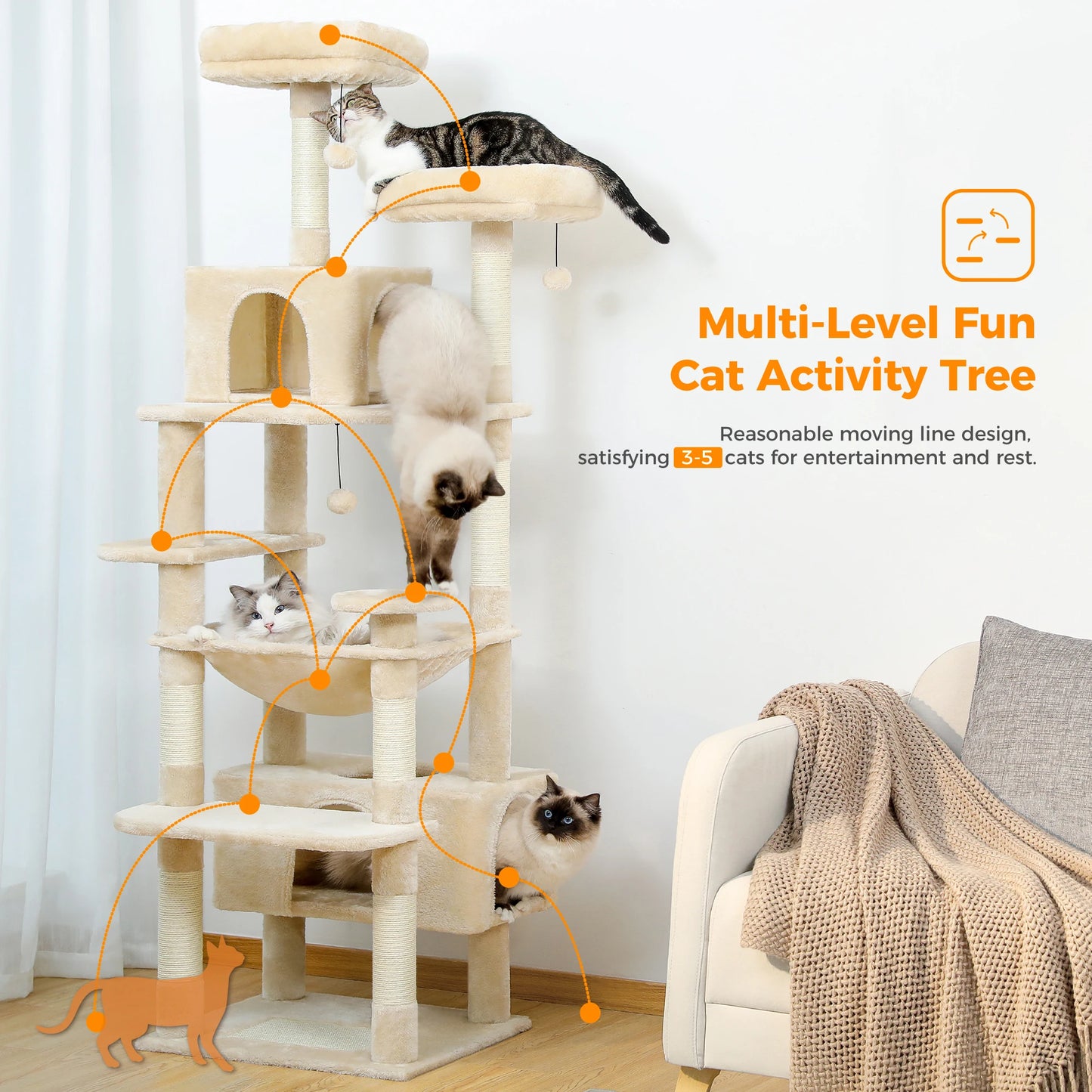 184cm Large Cat Tree and Tower for Indoor Cats with Hammock - The Great Earth Store