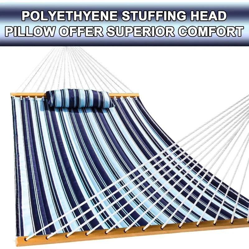Outdoor Quilted Fabric Hammock with Spreader Bars and Detachable Pillow for Patio Backyard Poolside