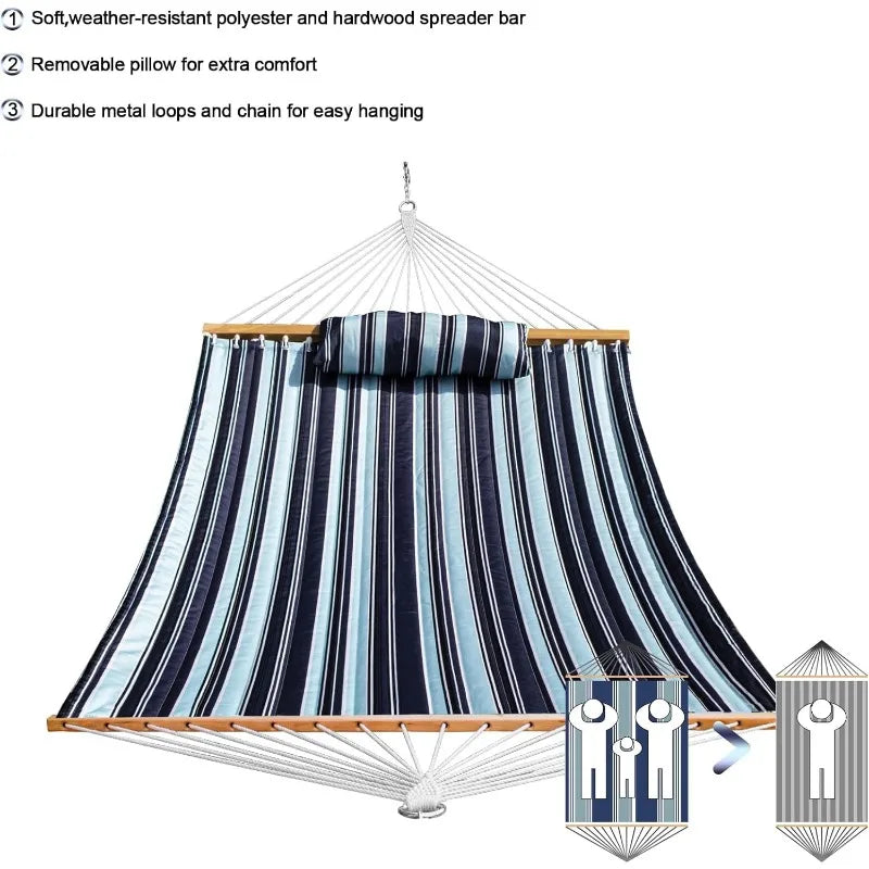Outdoor Quilted Fabric Hammock with Spreader Bars and Detachable Pillow for Patio Backyard Poolside
