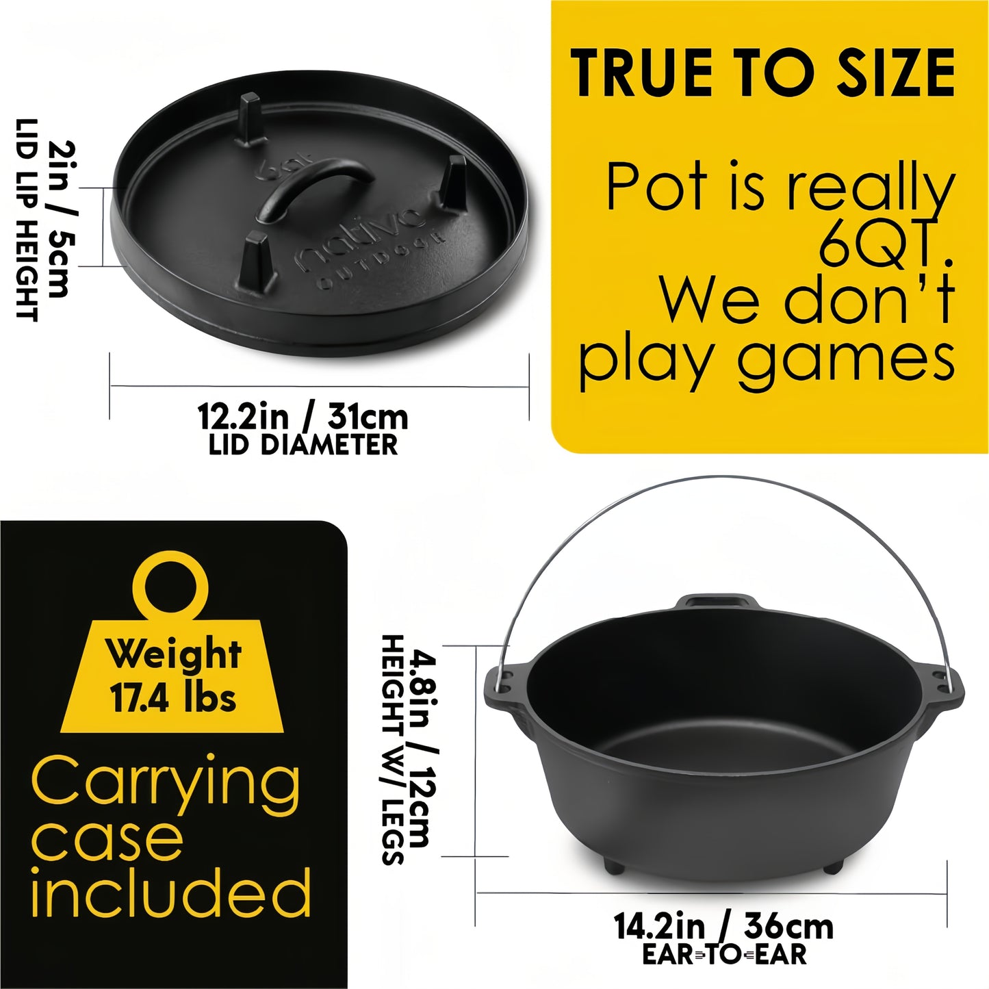 NATIVO 6QT Cast Iron Dutch Oven Pot Pre-Seasoned Outdoor Cookware with Legs and Reversible Grill Lid - The Great Earth Store