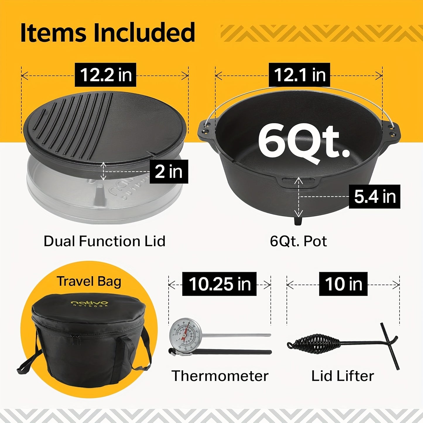 NATIVO 6QT Cast Iron Dutch Oven Pot Pre-Seasoned Outdoor Cookware with Legs and Reversible Grill Lid - The Great Earth Store