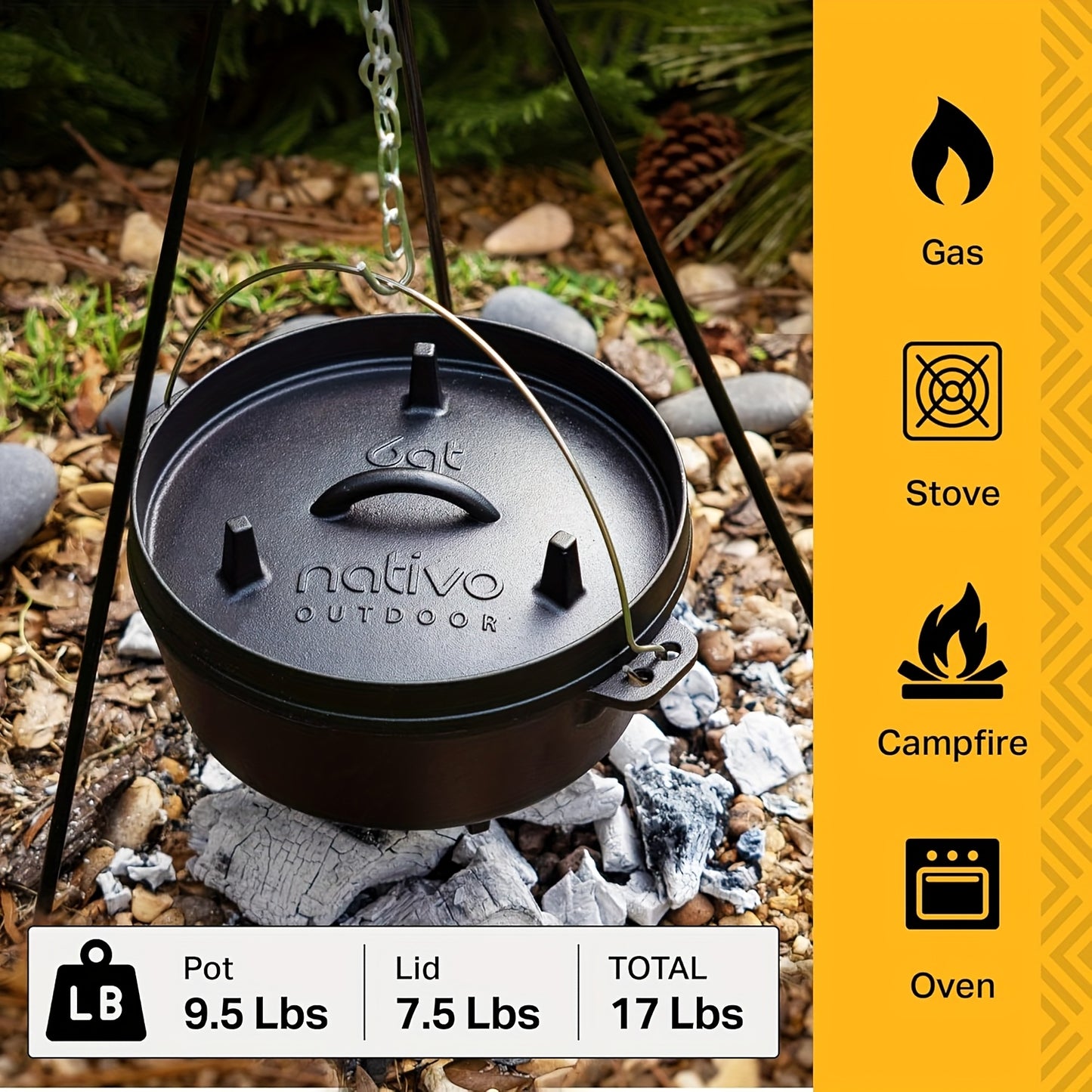 NATIVO 6QT Cast Iron Dutch Oven Pot Pre-Seasoned Outdoor Cookware with Legs and Reversible Grill Lid - The Great Earth Store