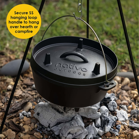 NATIVO 6QT Cast Iron Dutch Oven Pot Pre-Seasoned Outdoor Cookware with Legs and Reversible Grill Lid