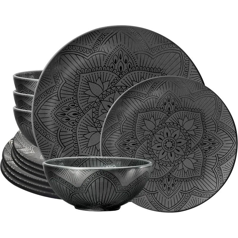 12 Piece Black Melamine Dinnerware Set - Durable Plates and Bowls - The Great Earth Store