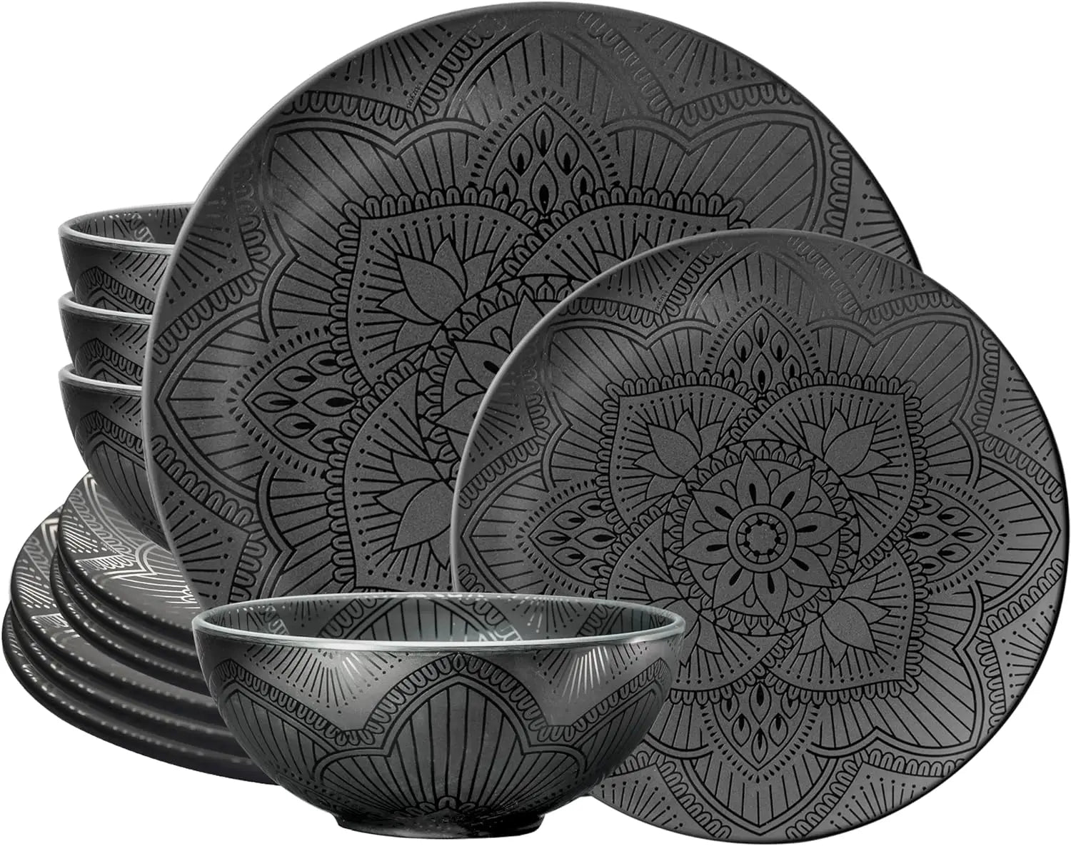 12 Piece Black Melamine Dinnerware Set - Durable Plates and Bowls - The Great Earth Store