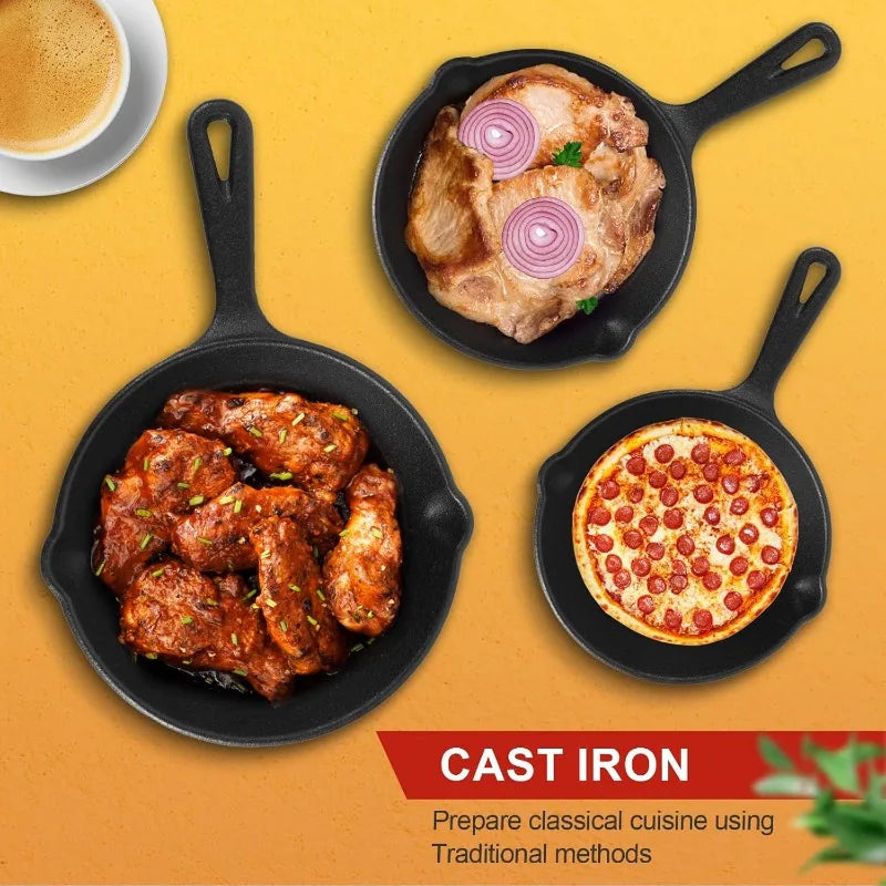 Pre-Seasoned Cast Iron Skillet 3 Piece Frying Pan Set