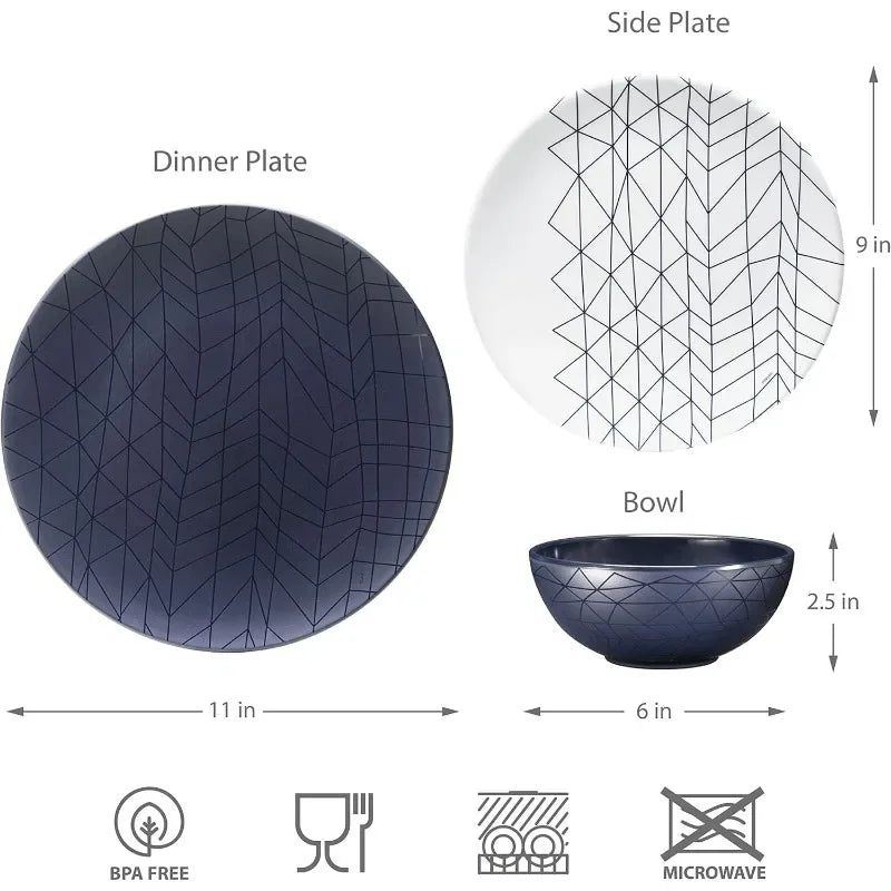 12 Piece Melamine Dinnerware Set - Durable Spidy Blue - The Great Earth Store