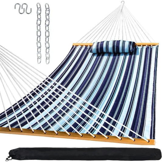 Outdoor Quilted Fabric Hammock with Spreader Bars and Detachable Pillow for Patio Backyard Poolside