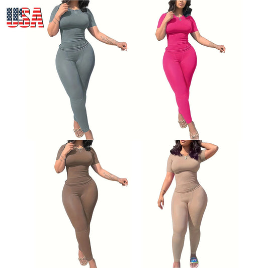US STOCK Casual Workout Sets Short Sleeve Two Piece Outfits - The Great Earth Store