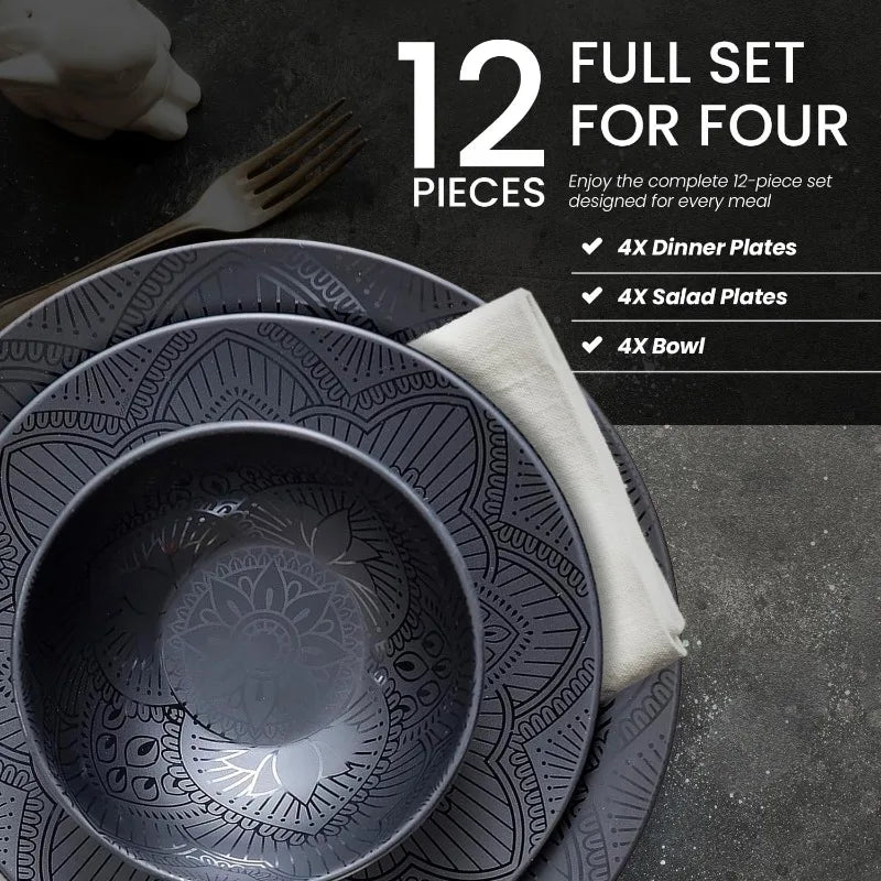 12 Piece Black Melamine Dinnerware Set - Durable Plates and Bowls - The Great Earth Store