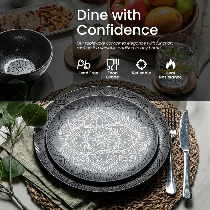 12 Piece Black Melamine Dinnerware Set - Durable Plates and Bowls - The Great Earth Store