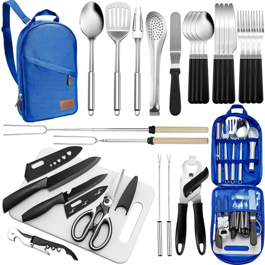 Portable Camping Kitchen Utensil Set - 27 Piece Cookware Kit