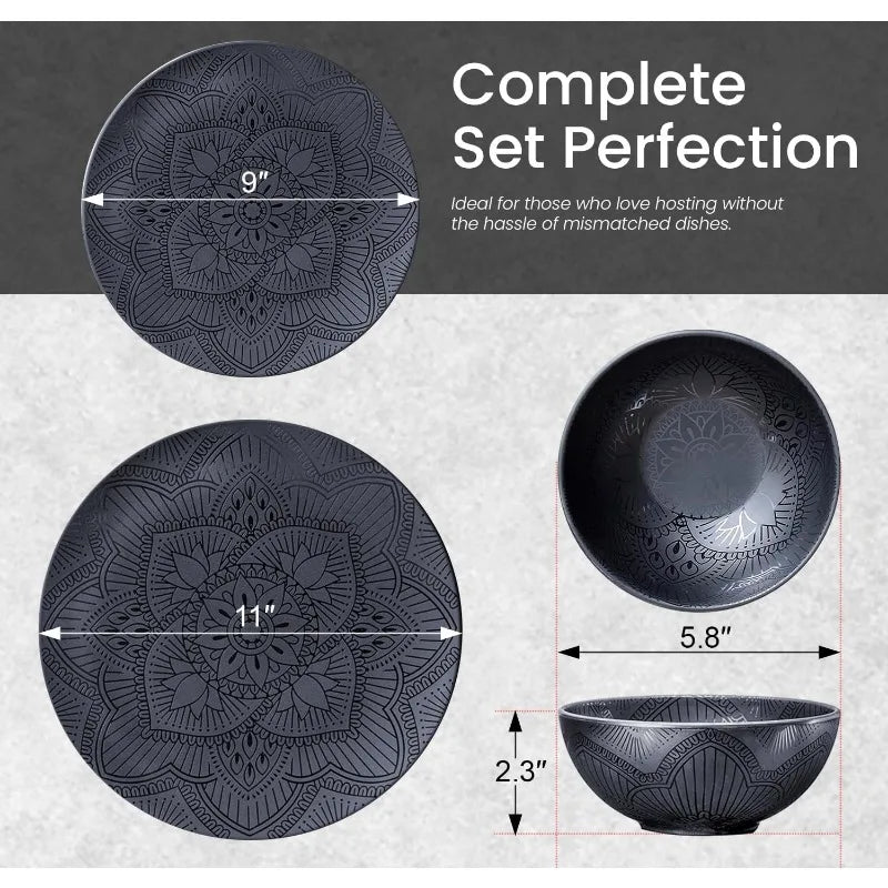 12 Piece Black Melamine Dinnerware Set - Durable Plates and Bowls - The Great Earth Store