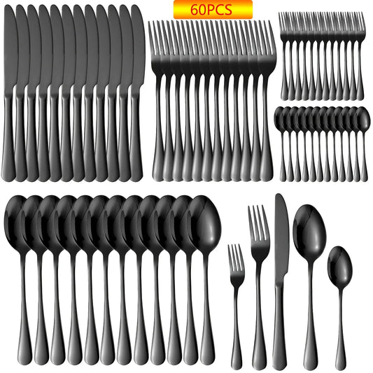 60pcs Black Silverware Set For 12 Stainless Steel Cutlery