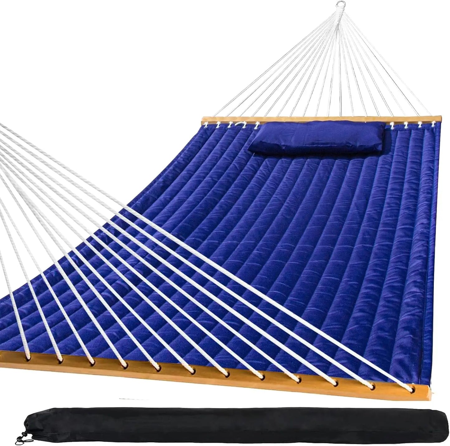 Outdoor Quilted Fabric Hammock with Spreader Bars and Detachable Pillow for Patio Backyard Poolside