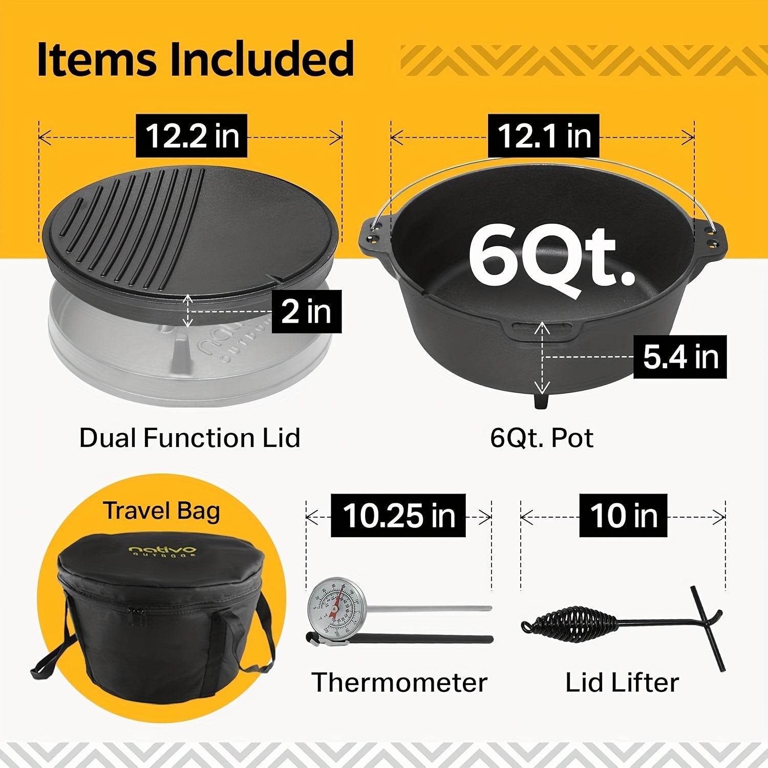 NATIVO 6QT Cast Iron Dutch Oven Pot Pre-Seasoned Outdoor Cookware with Legs and Reversible Grill Lid - The Great Earth Store