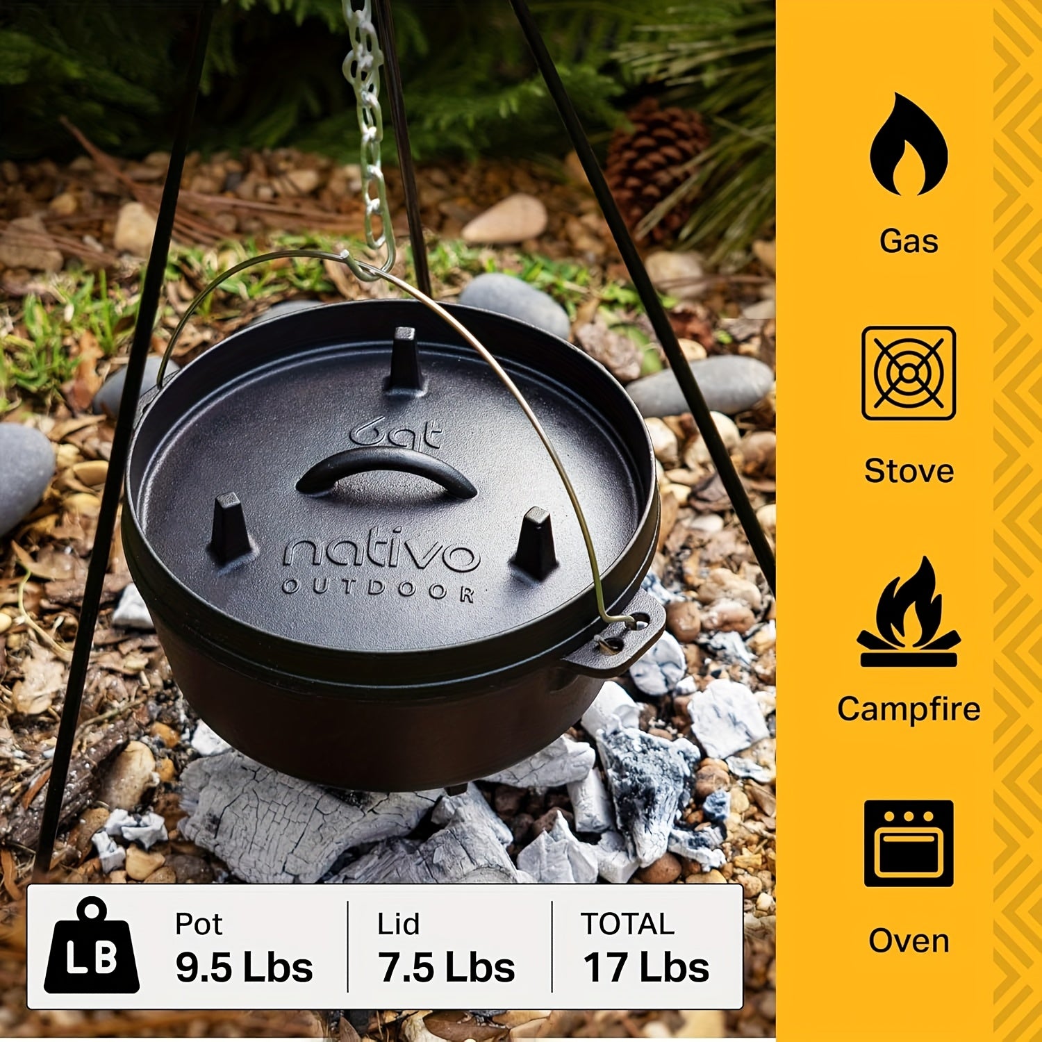 NATIVO 6QT Cast Iron Dutch Oven Pot Pre-Seasoned Outdoor Cookware with Legs and Reversible Grill Lid - The Great Earth Store